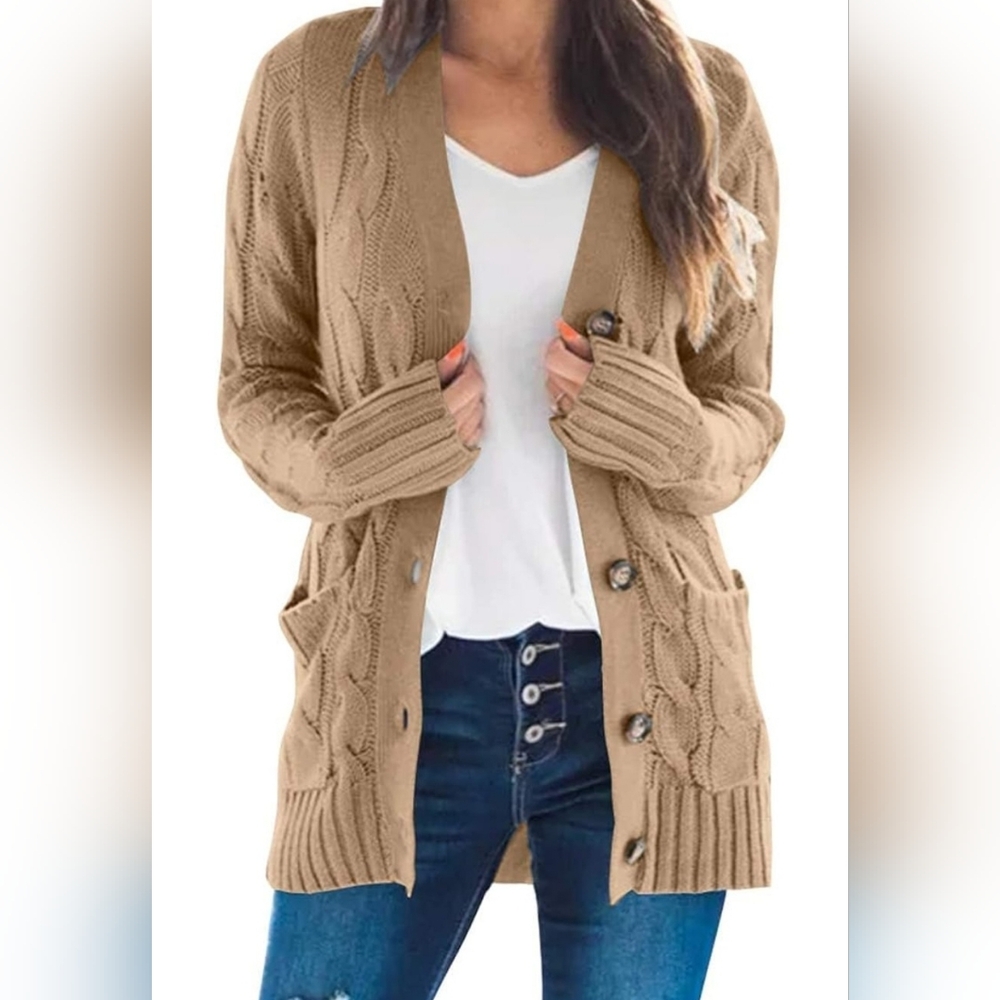 Women's Tan Cable Knit Cardigan Sweater